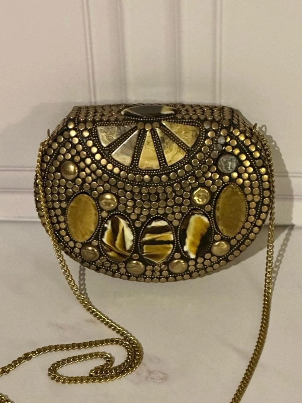 Vintage Brass Mosaic Clutch Boho Hard Case Evening Bag Stones Crossbody